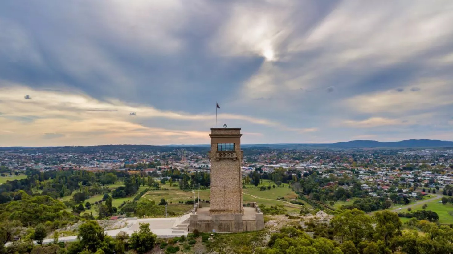 Rocky Hill War Memorial tower overlooking Goulburn, representing council assets and the community they support across the Goulburn Mulwaree region.