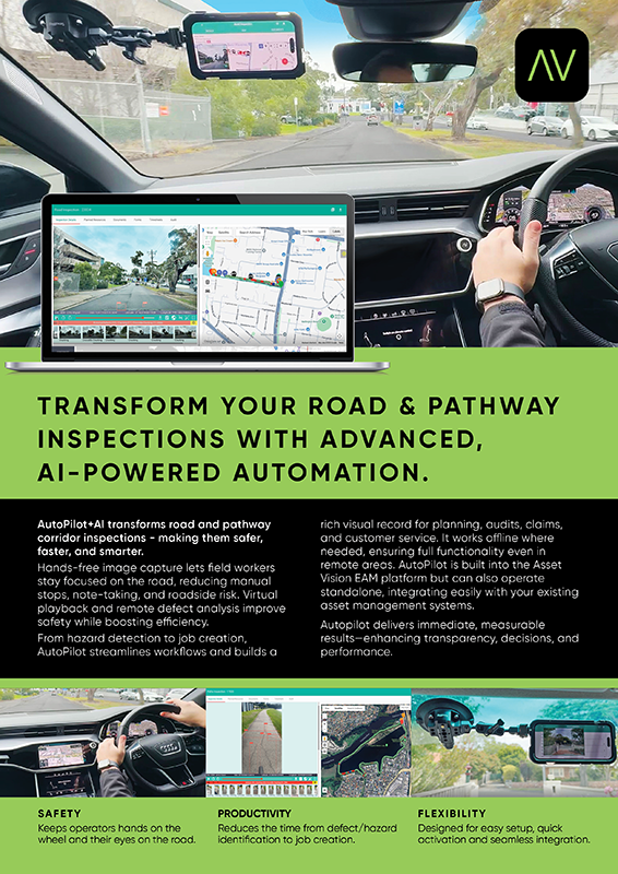 Driver using Asset Vision AutoPilot with in-vehicle camera capturing road inspection data and AI defect detection displayed on screen