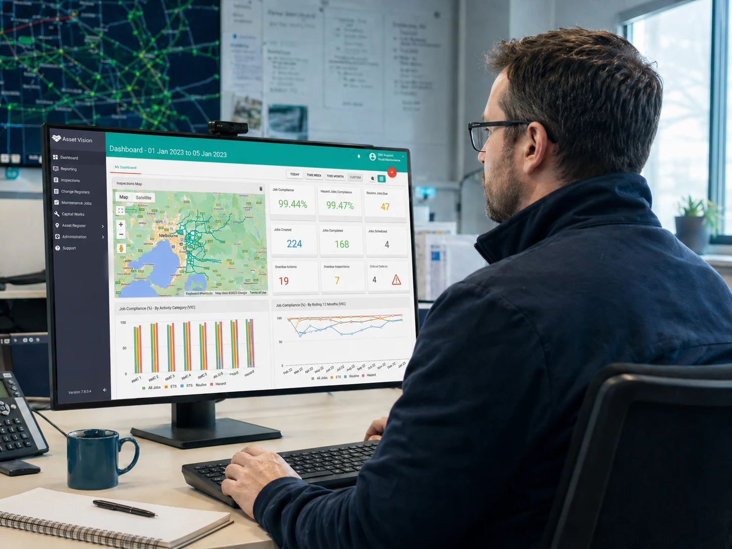 Asset Vision dashboard showing daily operations, jobs, inspections and asset performance data being reviewed in an office.