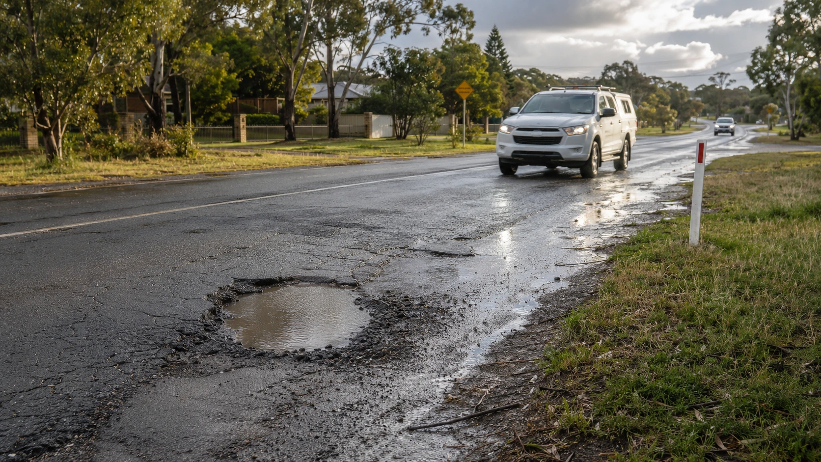 Large pothole on busy road with vehicles passing, highlighting safety risk