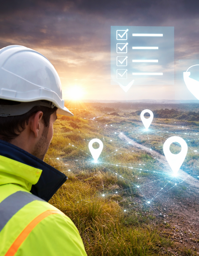 Field worker inspecting infrastructure with digital asset mapping and checklist overlay