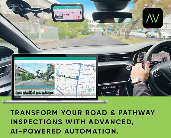 Driver using Asset Vision AutoPilot with in-vehicle camera capturing road inspection data and AI defect detection displayed on screen