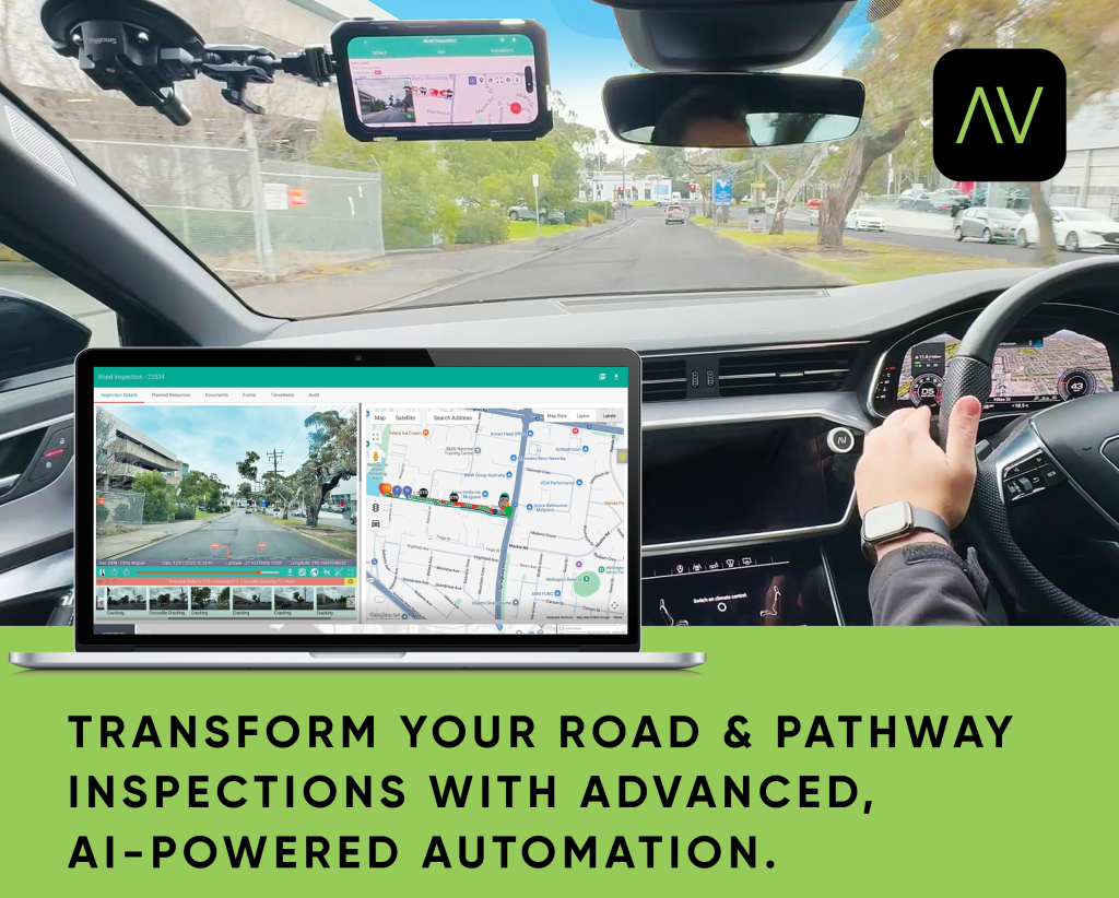 Driver using Asset Vision AutoPilot capturing road inspection data with AI defect detection and map playback displayed on screen