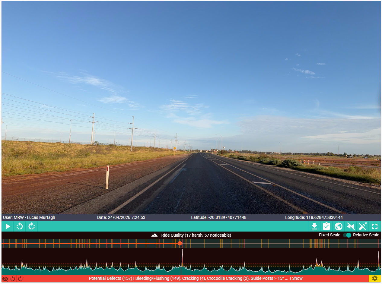 Asset Vision AutoPilot ride quality view showing road inspection playback, GPS data, defect detections and ride quality indicators on a Western Australian road.