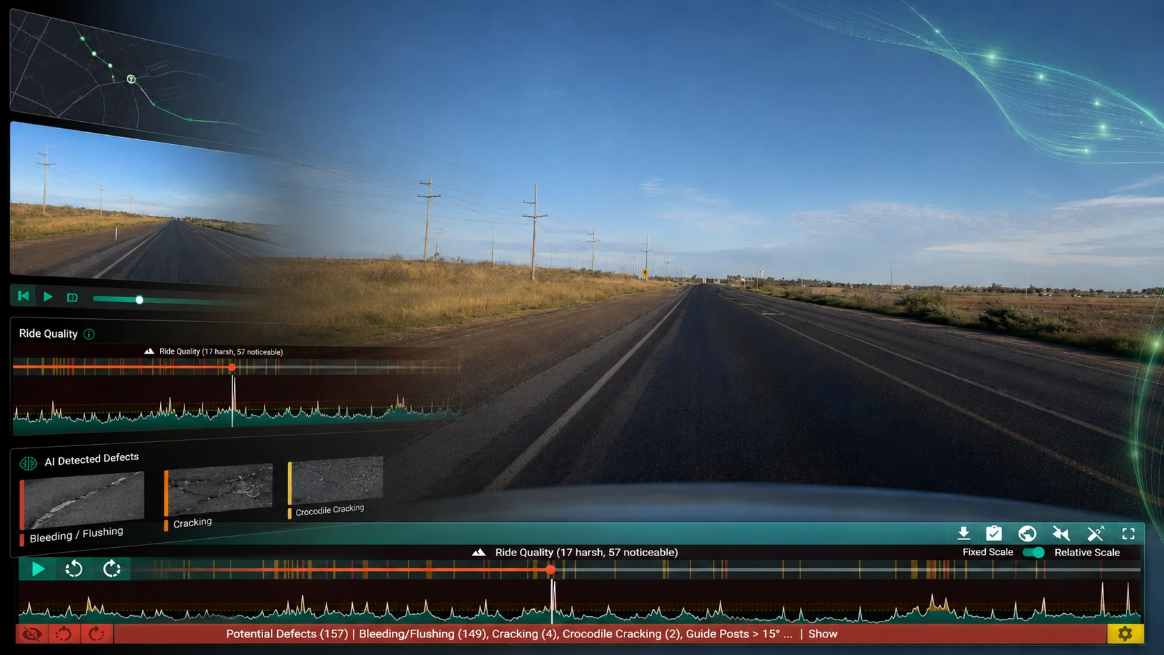 Asset Vision AutoPilot ride quality banner showing road inspection playback, ride quality data and AI-assisted defect detection insights for a Western Australian road.